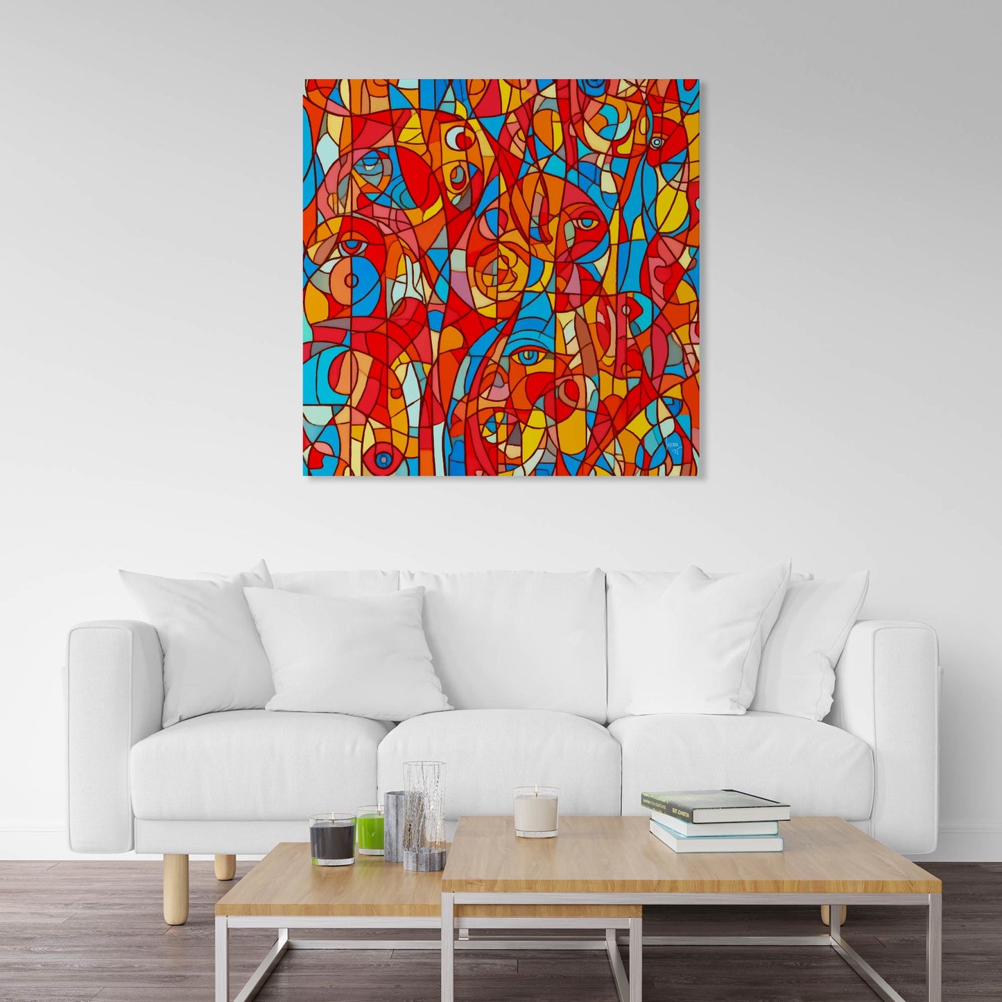 Tableau 'Kaleïa' accroché dans un intérieur moderne, explosion de rouge, bleu et jaune apportant énergie visuelle