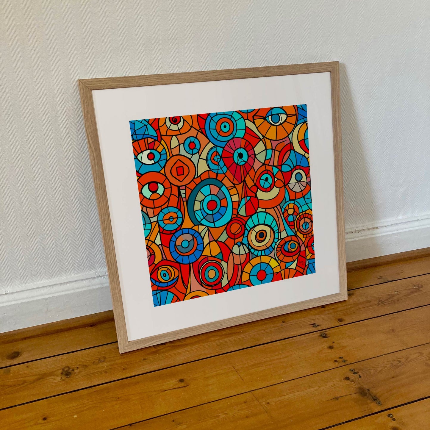 "Iris" encadrée au format 50×50 cm, art digital fascinant centré sur l’œil humain, encadré dans un style sobre et contemporain.