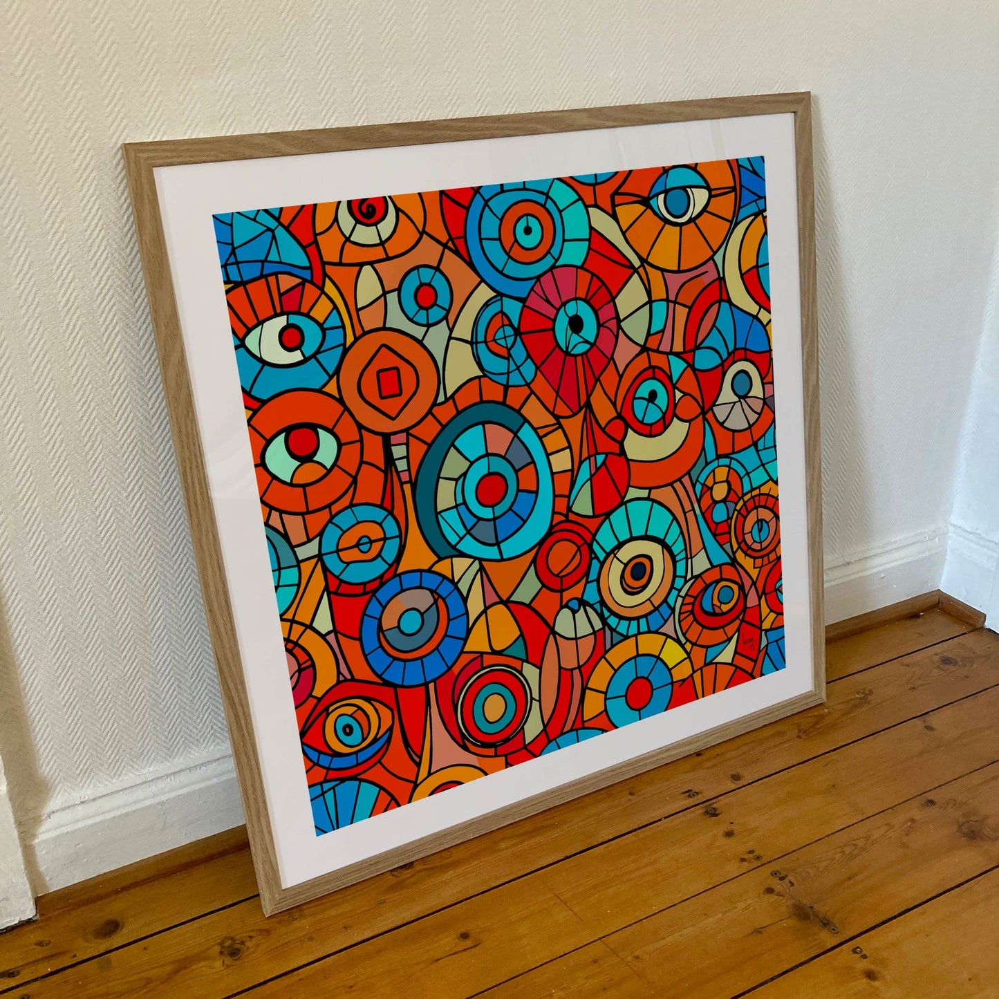 Tirage encadré 70×70 cm de "Iris", représentation graphique et poétique d’un regard, rendu éclatant par une impression haute définition.