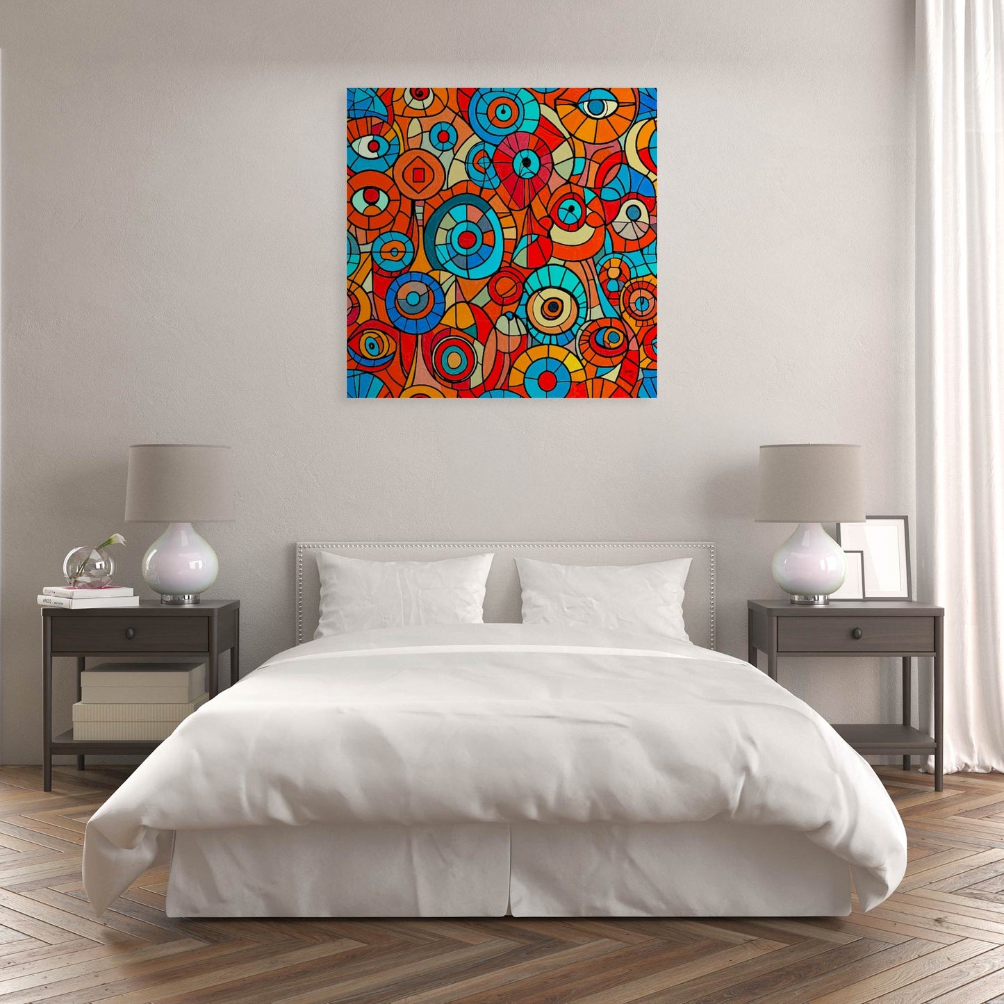 L’œuvre "Iris" accrochée dans un intérieur moderne, tableau numérique captivant évoquant le regard et l’introspection.