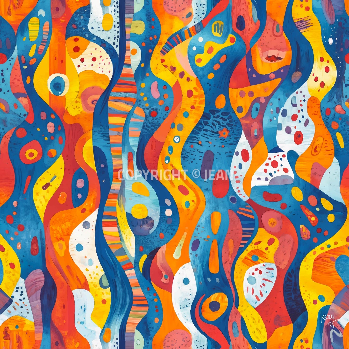 Œuvre numérique "Coraux" : formes abstraites inspirées des coraux marins, nuances vibrantes de bleu, jaune et rouge dans une composition organique.