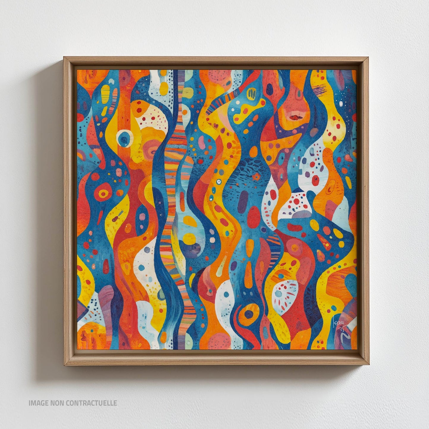 Mon Oeuvre "Coraux" : formes organiques interconnectées, textures vibrantes et palette lumineuse rappelant la diversité des récifs coralliens. Montée sur cadre flottant 110x110cm