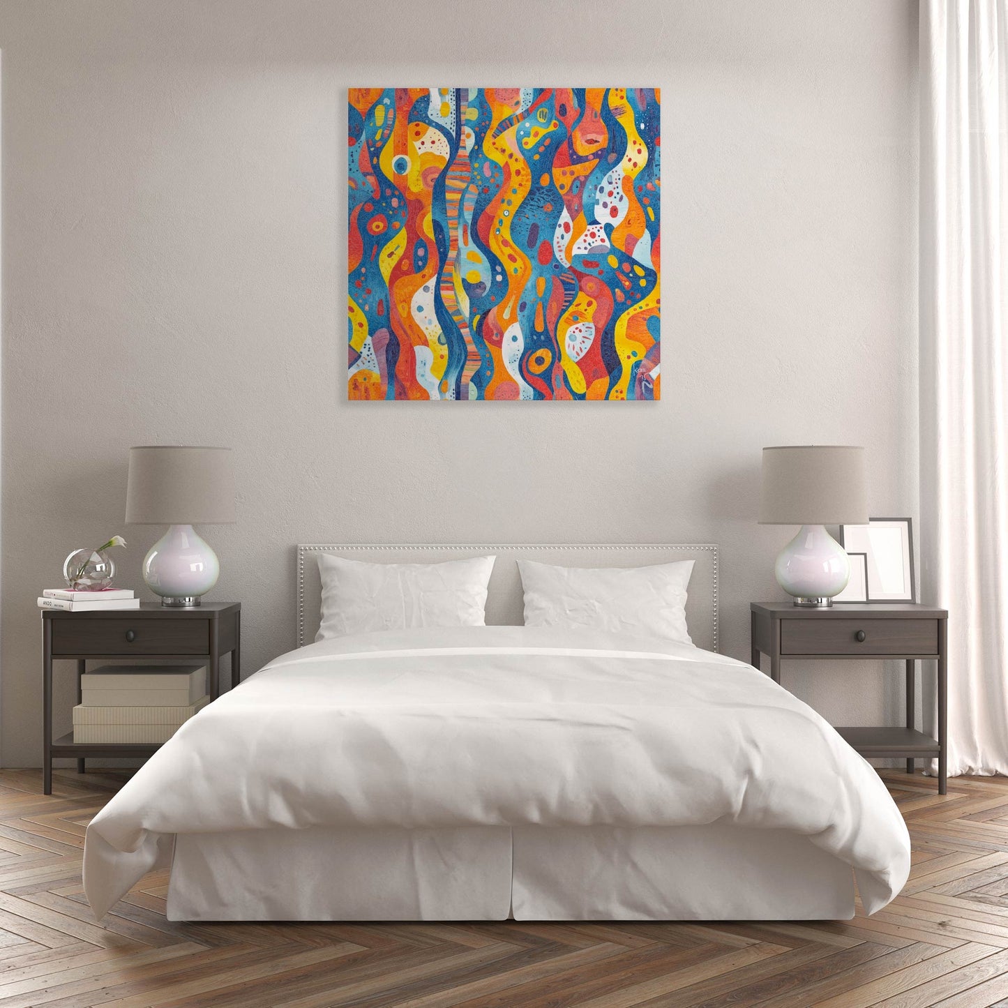 Mon oeuvre "Coraux" exposée dans un intérieur moderne, apaisante et vivante, avec ses teintes corail et sa composition évocatrice du monde marin. Format 100x00cm sur toile et châssis bois