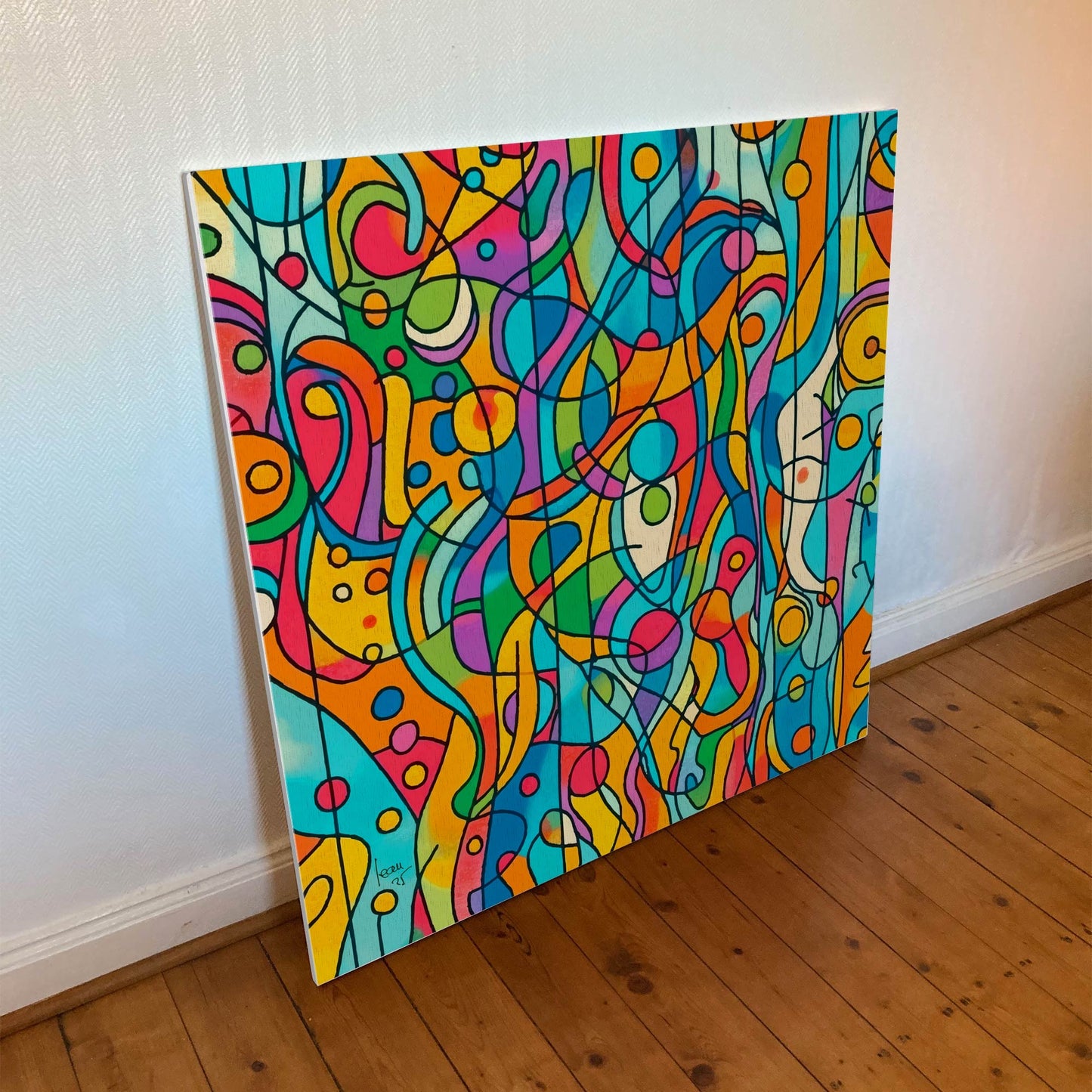 Tirage sur toile 100×100 cm de l’œuvre 'Capsules', tableau contemporain aux motifs circulaires interconnectés et à la palette vibrante.