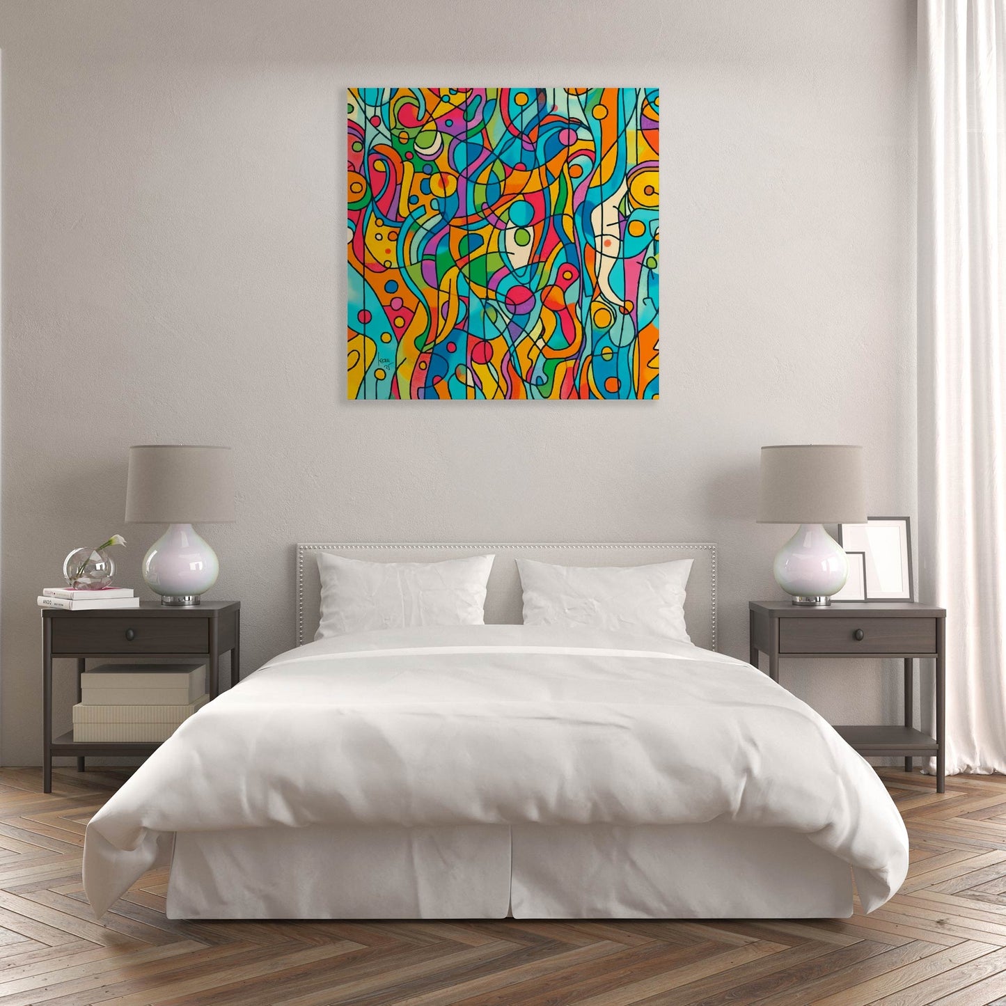 L’œuvre "Capsules" accrochée dans un intérieur design, tableau d’abstraction organique vibrant apportant mouvement et énergie à la décoration.