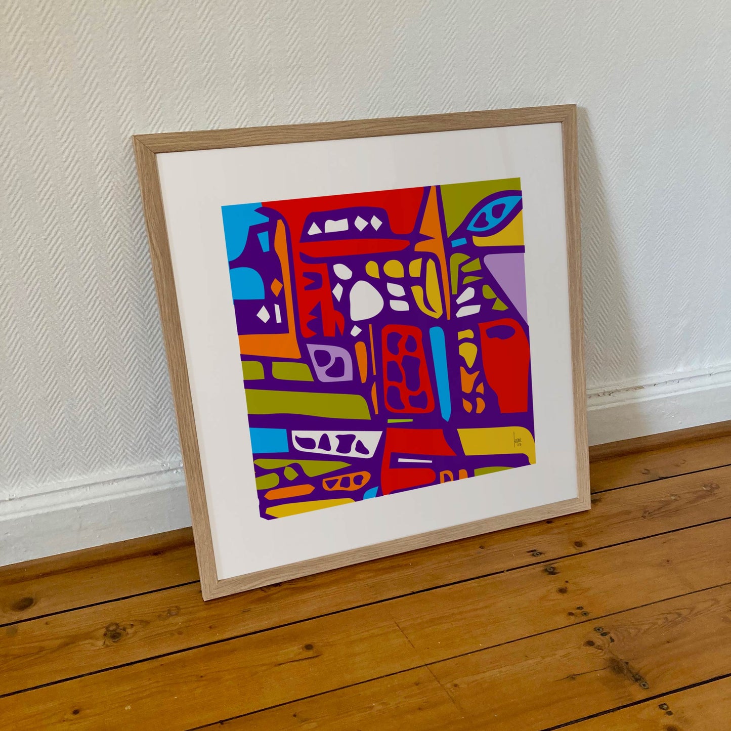 Le Message - tirage d'art encadré 50x50 cm, art contemporain abstrait aux couleurs vives, inspiré des tablettes en argile sumériennes