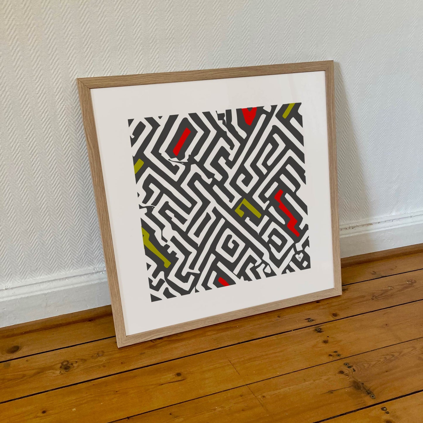 Tirage d'art Enchevêtrement dans un intérieur contemporain, œuvre numérique labyrinthique par Limonade Bleue. Format 70x70cm