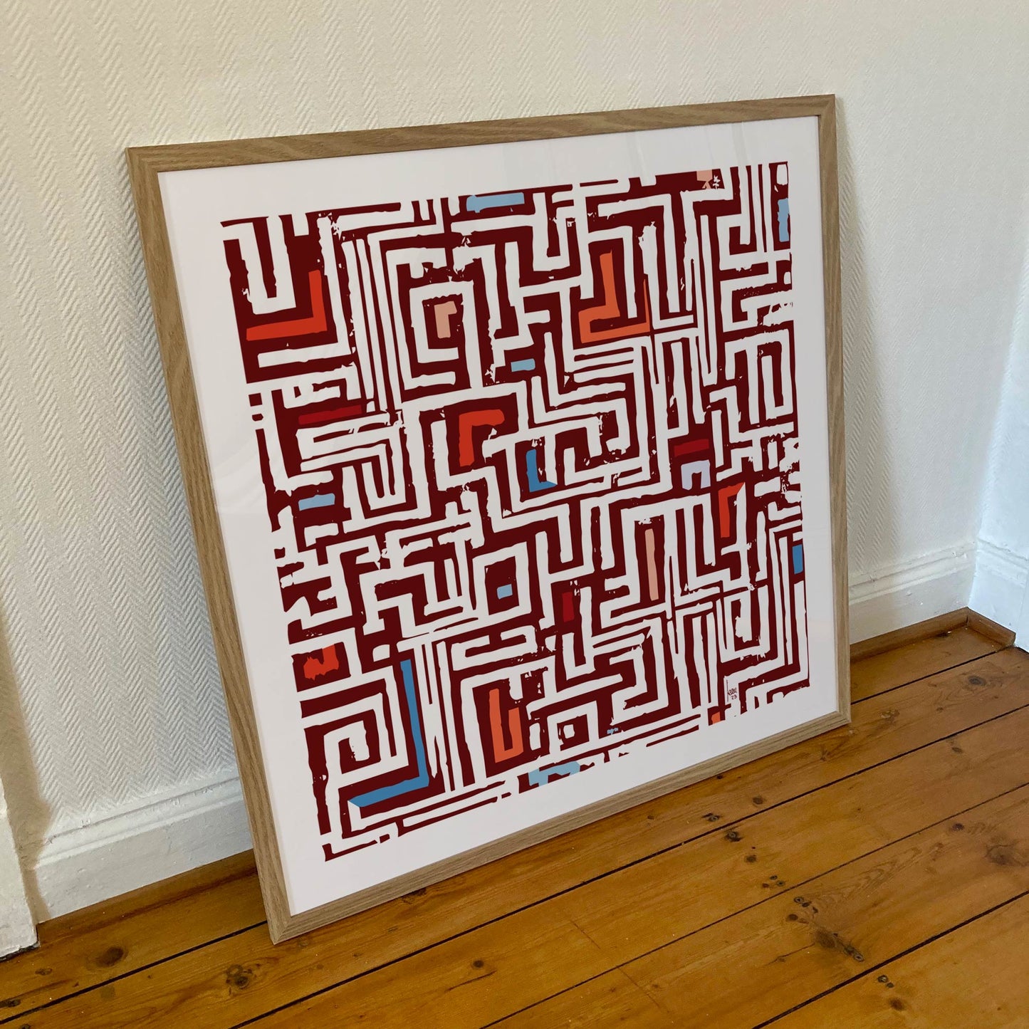 Réseau, tirage encadré 70x70 cm, lignes et couleurs enchevêtrées.