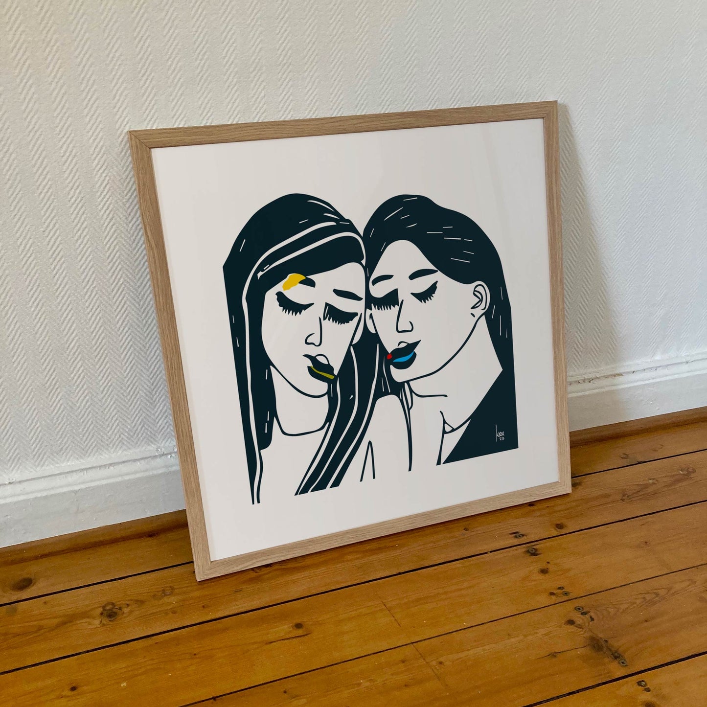 Les Nymphes - tirage d'art encadré 50x50 cm, art contemporain abstrait de deux figures féminines en noir, vert, jaune et bleu