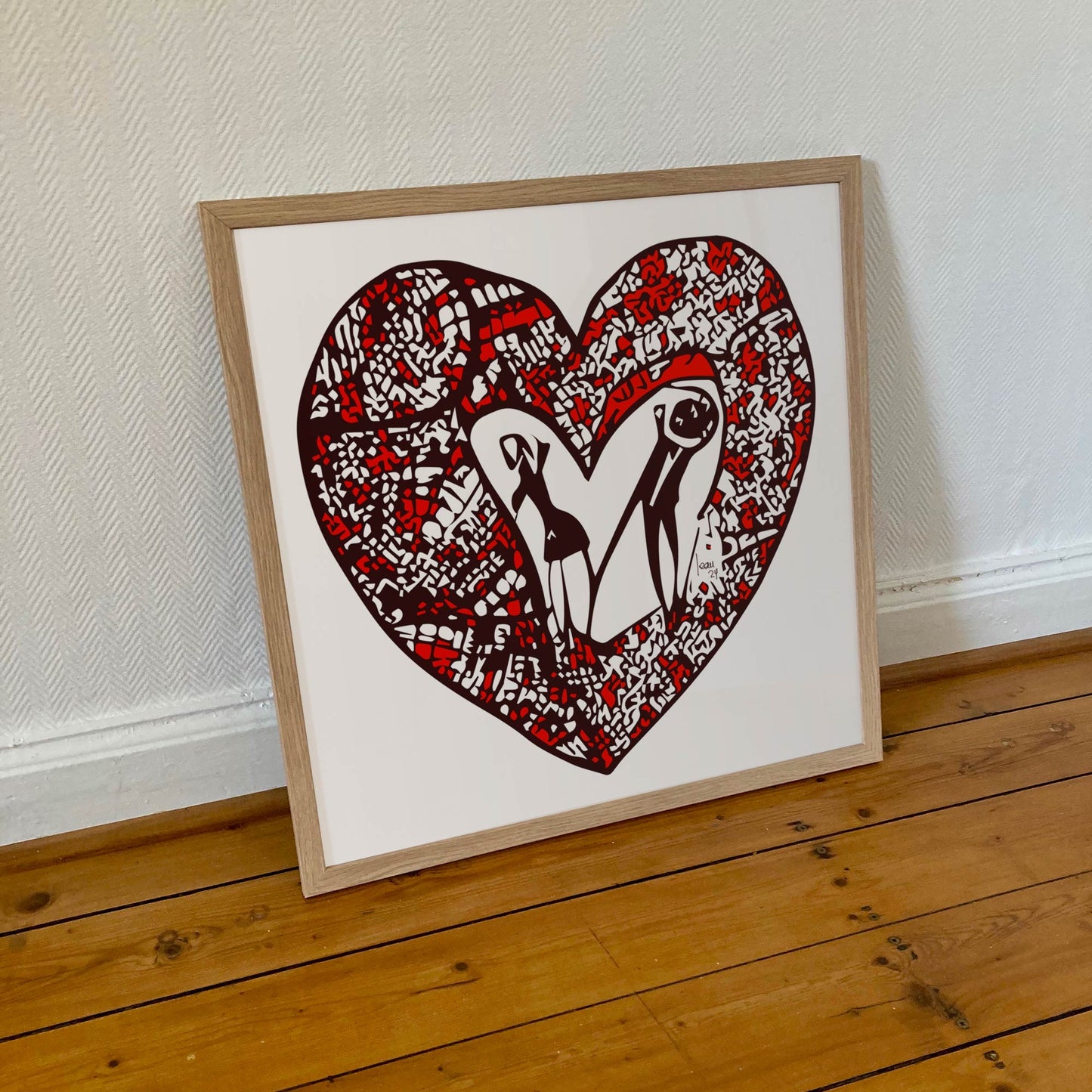 Version encadrée de "Cœur à Cœur", tirage haut de gamme, format carré 50x50 cm. Art abstrait moderne en édition limitée.