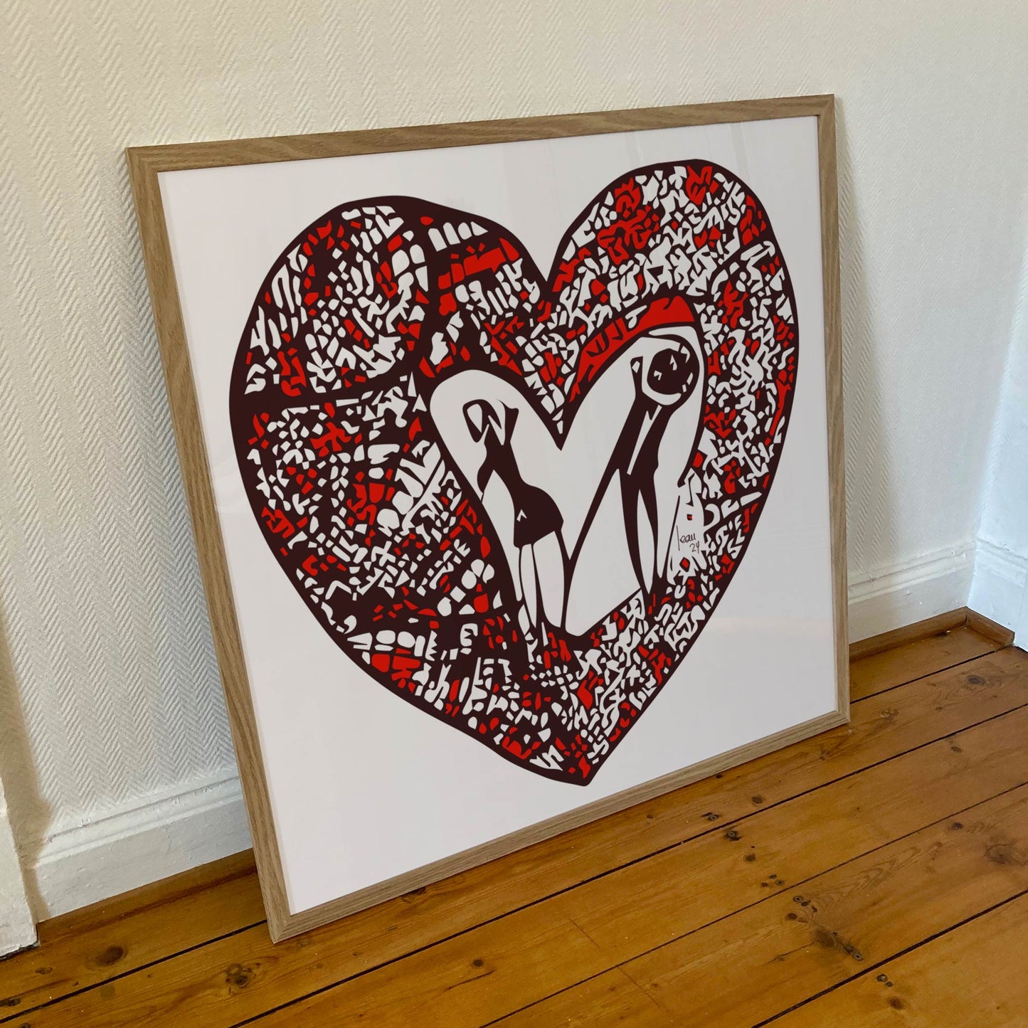 "Cœur à Cœur", tirage sous cadre bois clair, format 70x70 cm. Représentation artistique moderne de l'amour universel