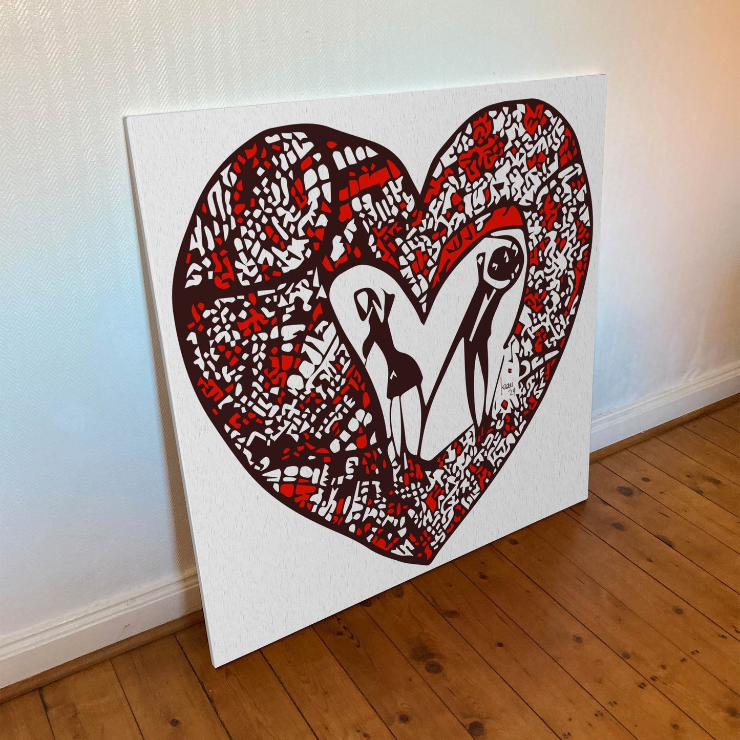 Détail de "Cœur à Cœur", tirage sur toile monté sur châssis, format 100x100 cm. Art contemporain abstrait, inspiré de l'amour et de la Saint-Valentin.