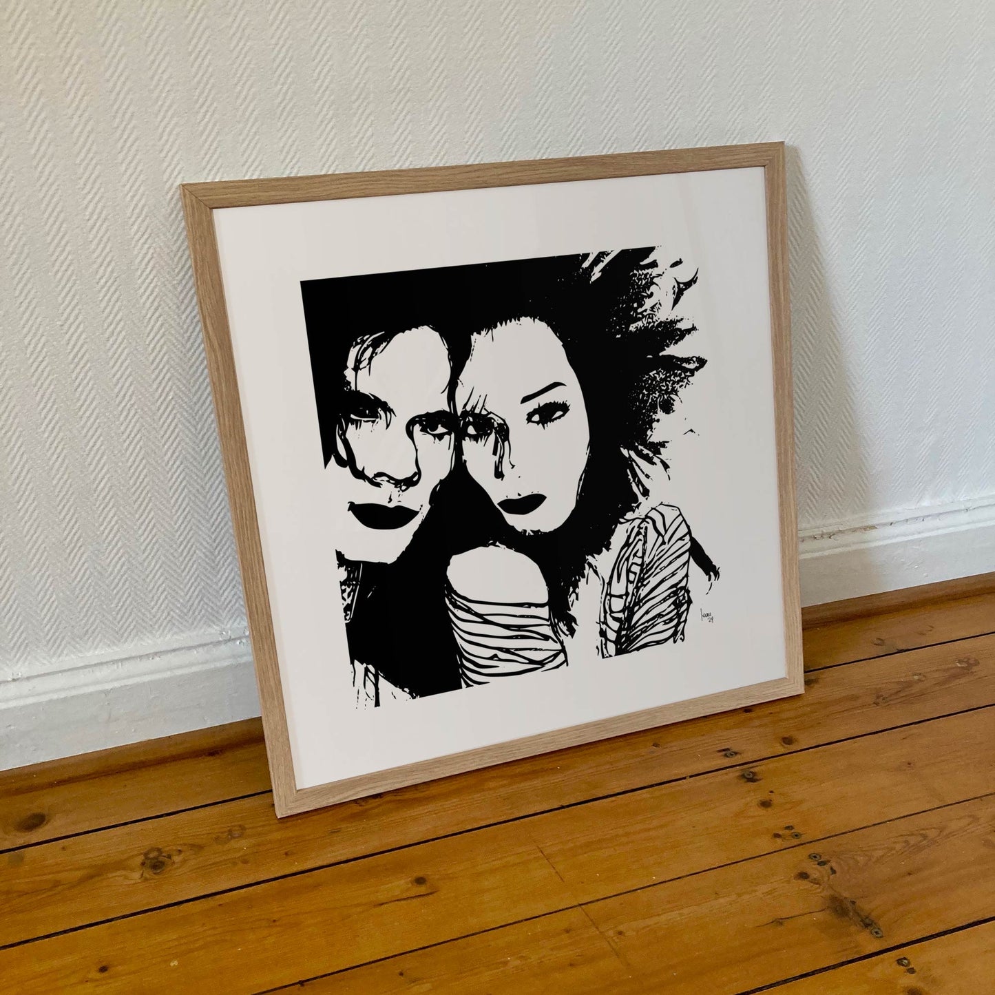 Tirage encadré "Lila and Jim", 50x50cm, portrait numérique abstrait noir et blanc d'un couple amoureux.