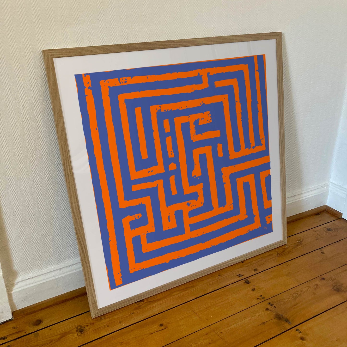 Imbroglio, œuvre encadrée 70x70 cm, tirage d'art abstrait orange et bleu haut de gamme