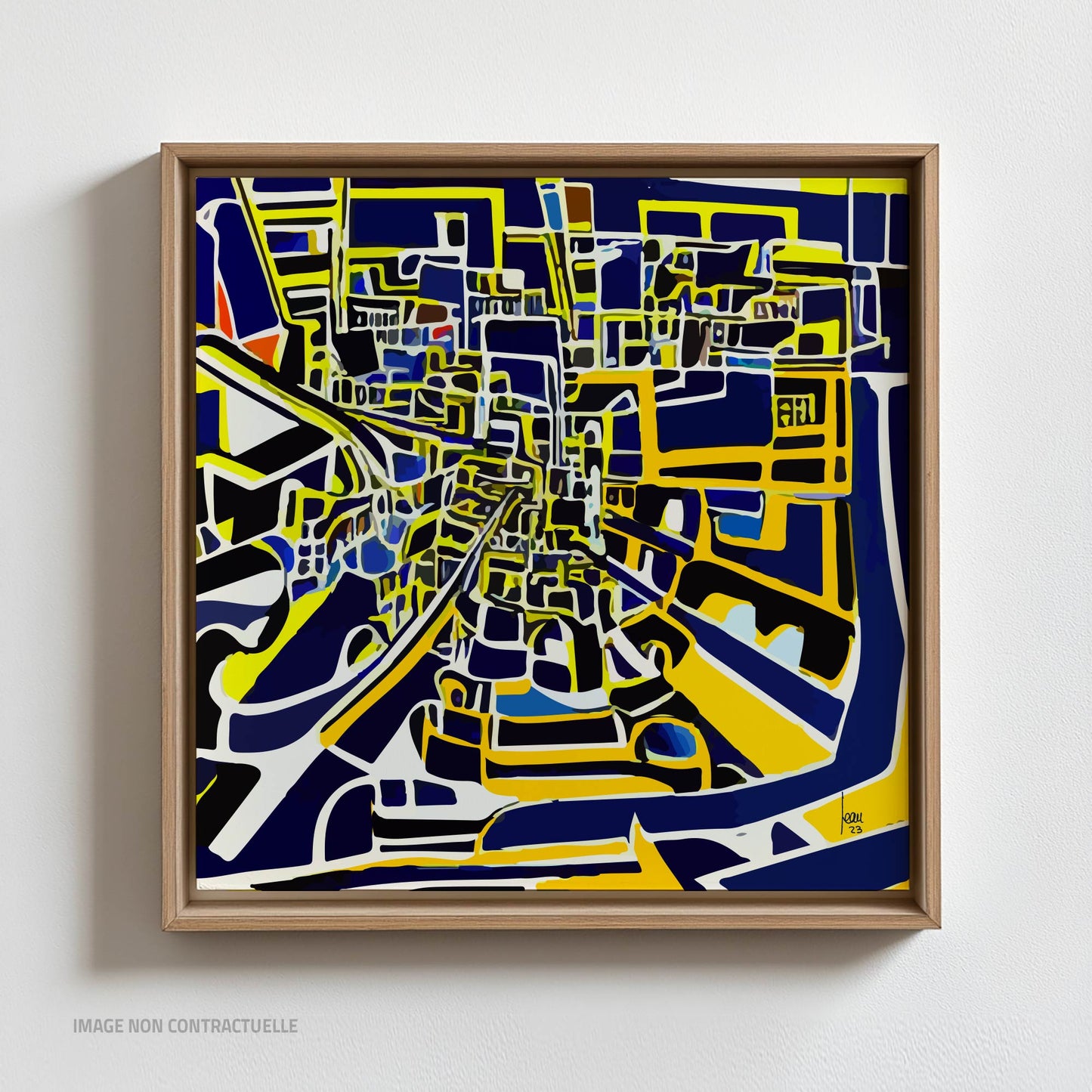 Le Centre Ville - tirage d'art sur caisse américaine 110x110 cm, art contemporain abstrait d'un labyrinthe urbain aux couleurs bleues et jaunes