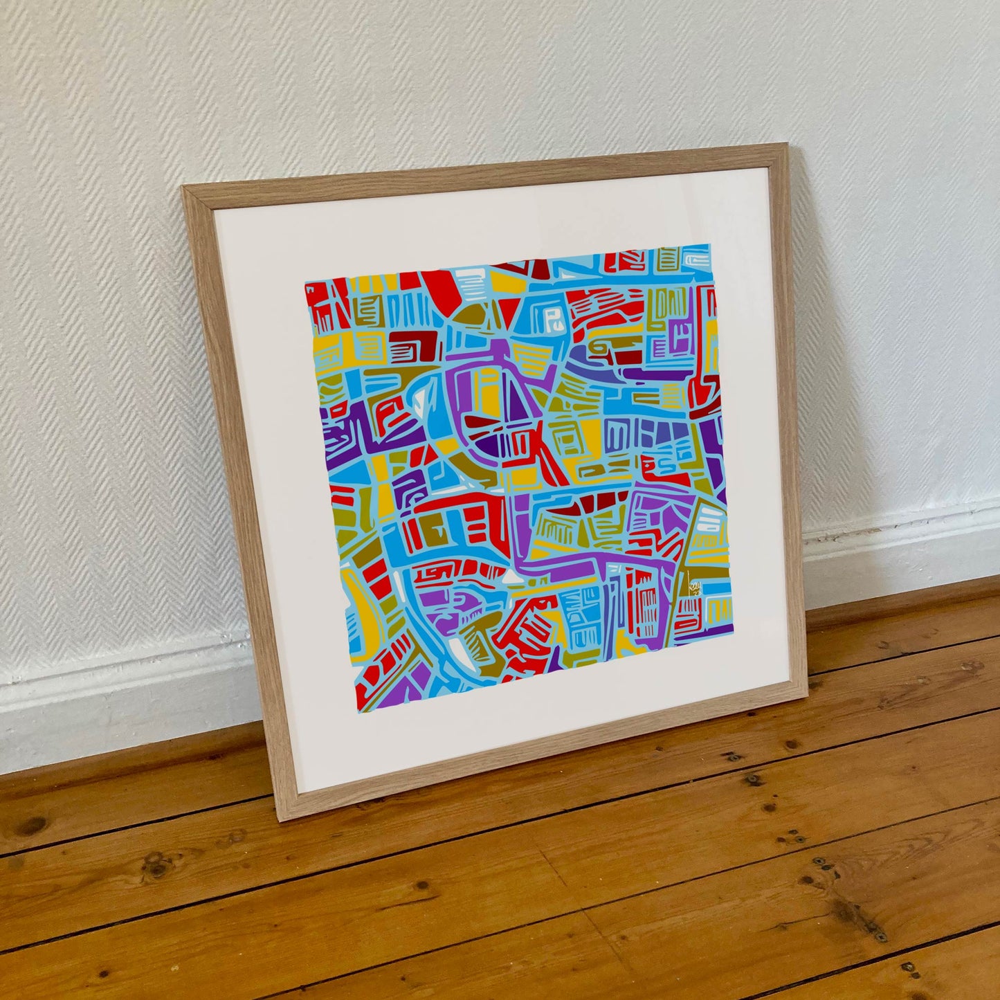 Textures dynamiques et motifs architecturaux dans l'œuvre "La Ville Bleue" - Harmonie de nuances bleues inspirée par une ville moderne