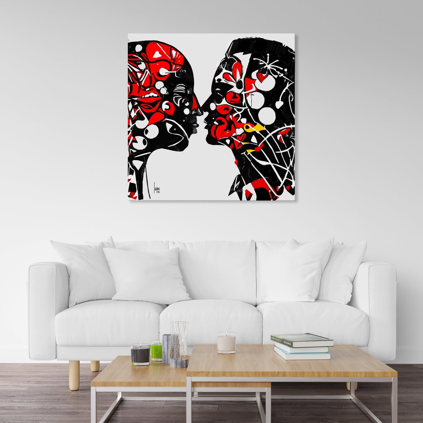 Art numérique abstrait noir/blanc/rouge – deux silhouettes de visage se faisant face, 'Nos Pensées' par Limonade Bleue