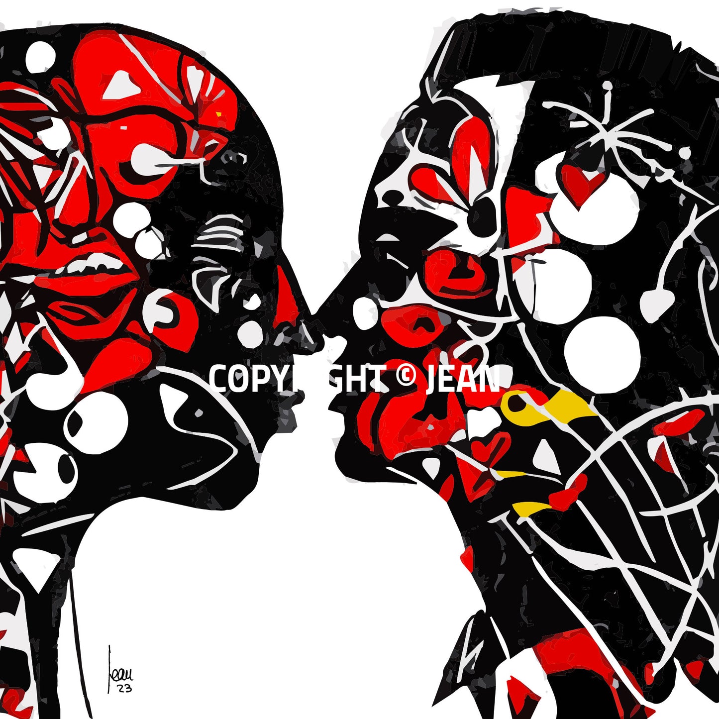 "Nos Pensées", composition abstraite noir, blanc et rouge, visages stylisés de profil entrelacés et émotions visuelle