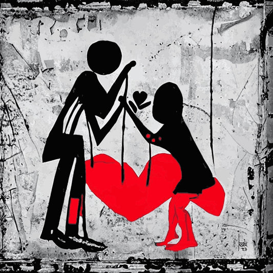 Illustration artistique de deux silhouettes stylisées tenant un cœur rouge en suspension, symbolisant l'amour et le lien entre deux êtres, sur un fond texturé urbain. Œuvre de la collection Saint-Valentin 2025