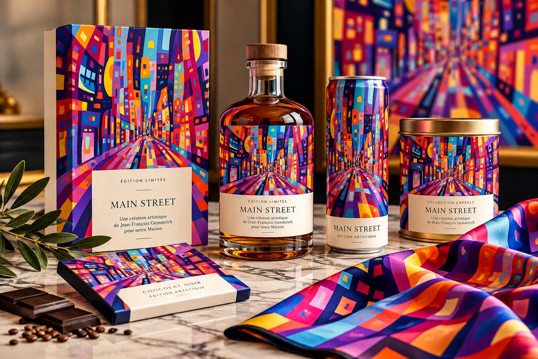 Collaboration artiste et marque – œuvre Main Street de Jean-François Gemmrich déclinée sur packagings et produits