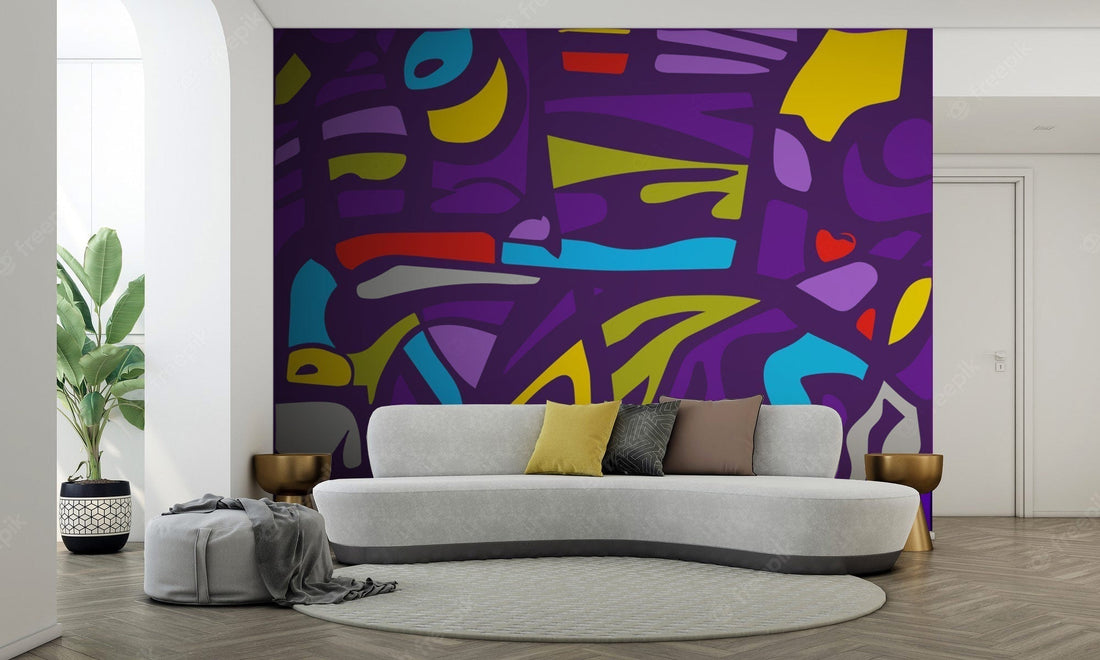 Mon oeuvre "Les Vitraux Bleus" sur support papier peint dans un séjour moderne - Limonadebleue.com