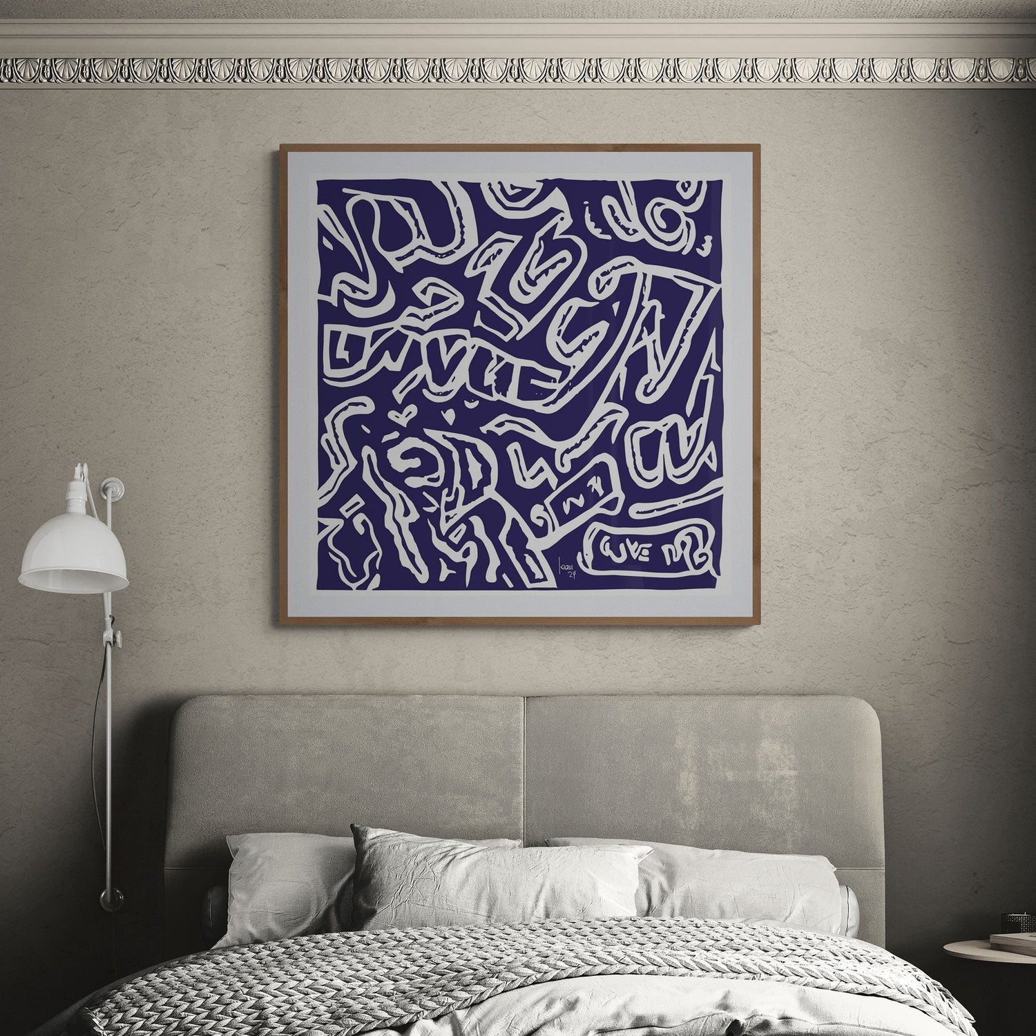 Une oeuvre monochrome, un mauve très foncé et blanc 