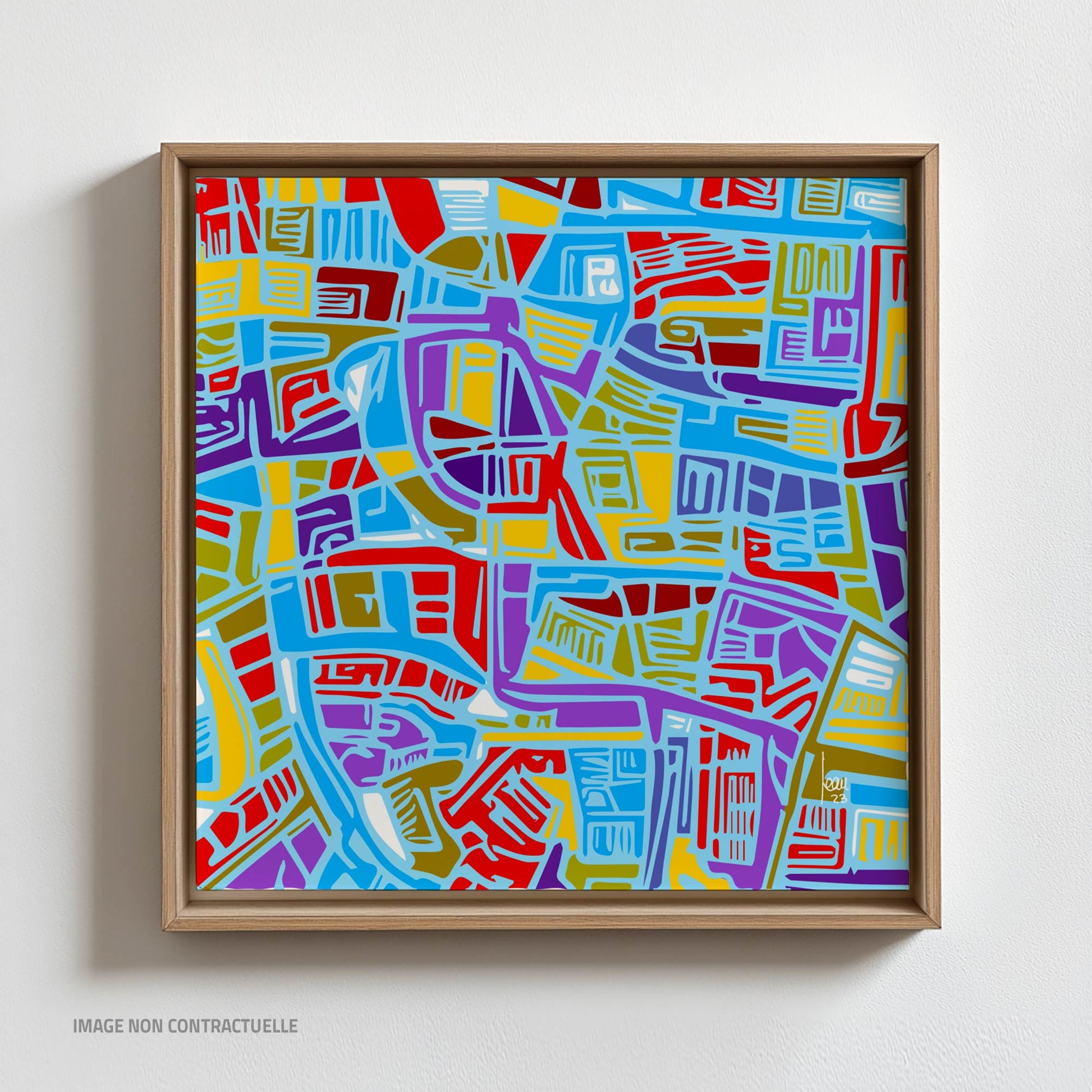 Mon ouvre "La Cité Bleue" - Nuances de bleu profond rappelant l'architecture et l'énergie d'une métropole. Monté sur cadre flottant 110x110cm