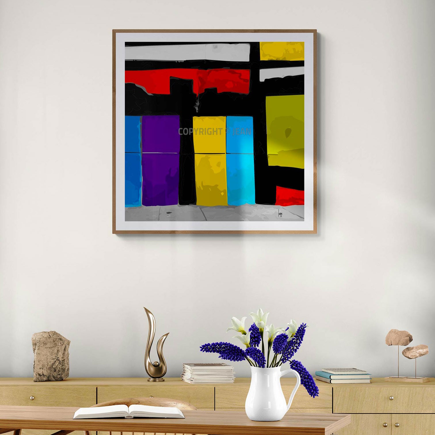 Œuvre numérique "Les Vitrines" exposée dans un salon - art contemporain abstrait urbain, tirage d'art haut de gamme encadré