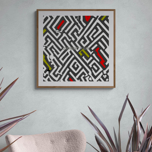 Œuvre encadrée "Enchevêtrement" dans un salon moderne, tirage d'art numérique en édition limitée