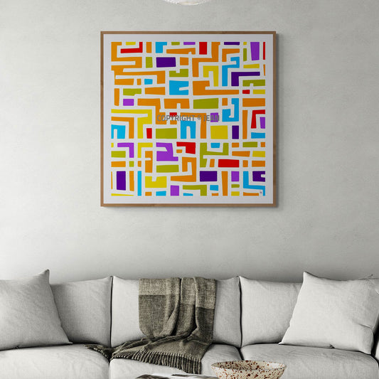 Mon Oeuvre "Mon Quartier Le Jour" encadré dans un séjour, illustration de l'art moderne vibrant et urbain en intérieur.