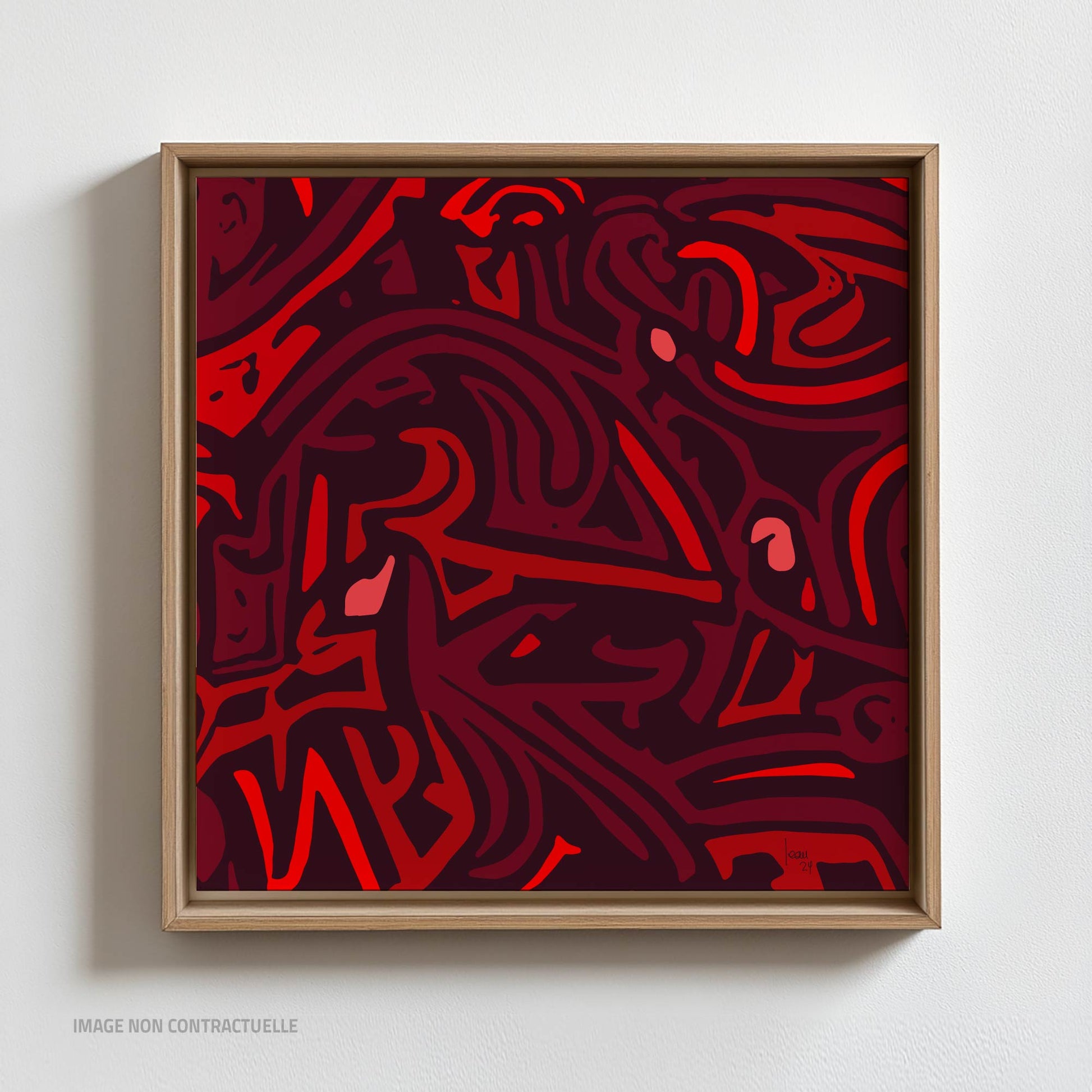 Nuances de rouge profond de l'œuvre "Les Braises" - Effet abstrait captivant rappelant la chaleur des flammes. Sur cadre flottant