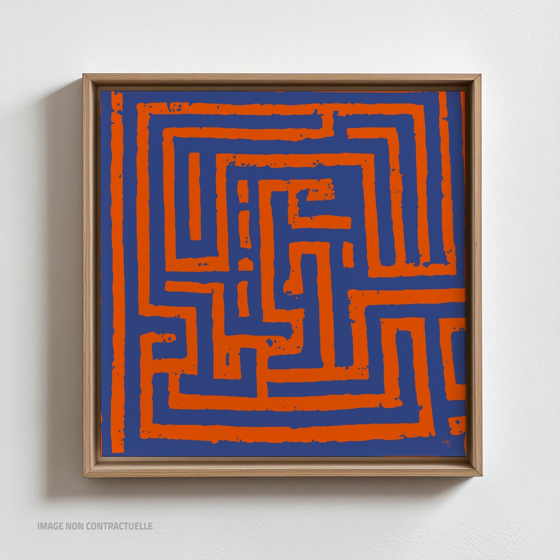 "Imbroglio", œuvre sur cadre flottant 110x110 cm, tirage d'art abstrait orange et bleu haut de gamme