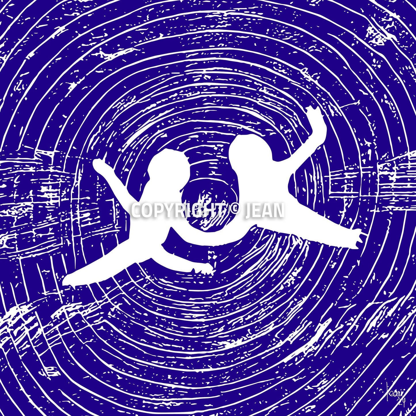 Œuvre d'art abstraite 'ANGES' représentant deux silhouettes blanches se tenant la main dans un vortex de cercles bleus profonds, style gravure numérique, 2024