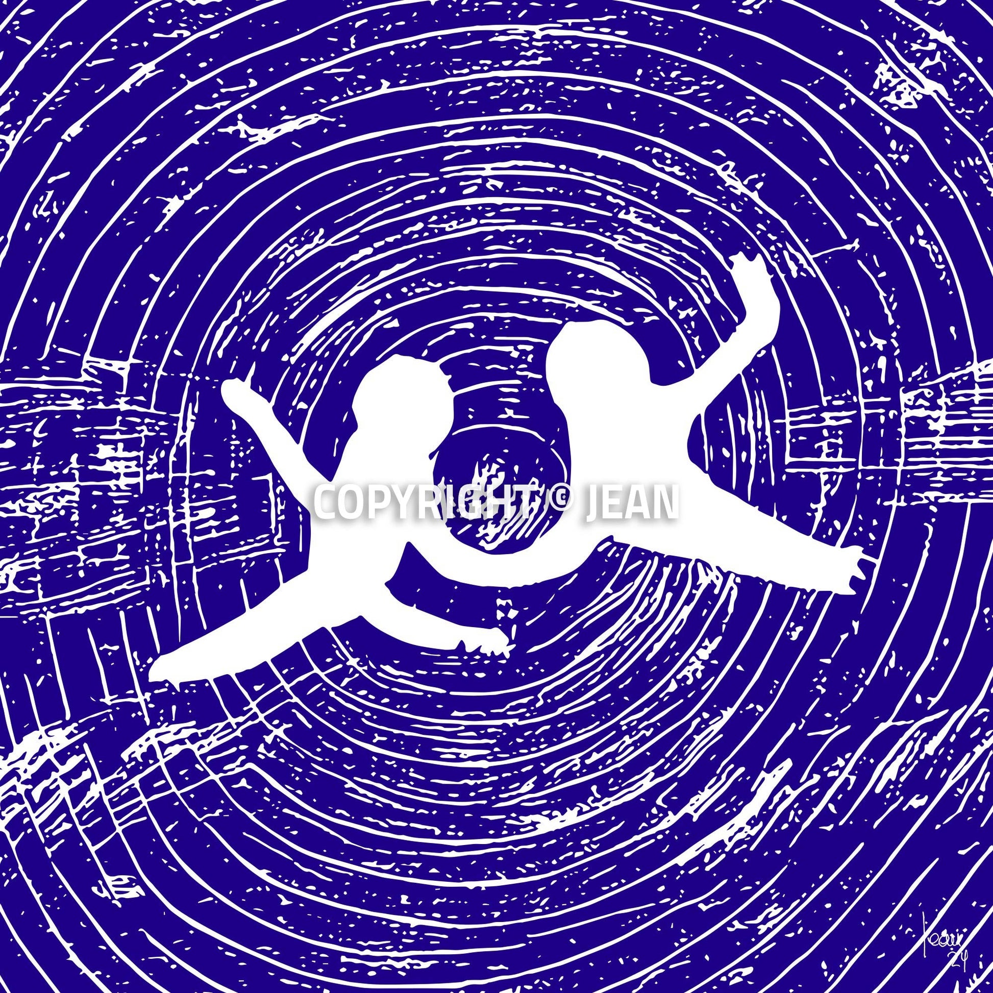 Œuvre d'art abstraite 'ANGES' représentant deux silhouettes blanches se tenant la main dans un vortex de cercles bleus profonds, style gravure numérique, 2024