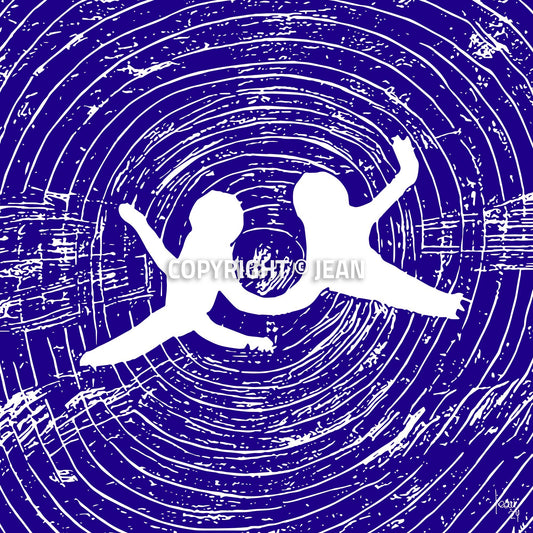 Œuvre d'art abstraite 'ANGES' représentant deux silhouettes blanches se tenant la main dans un vortex de cercles bleus profonds, style gravure numérique, 2024