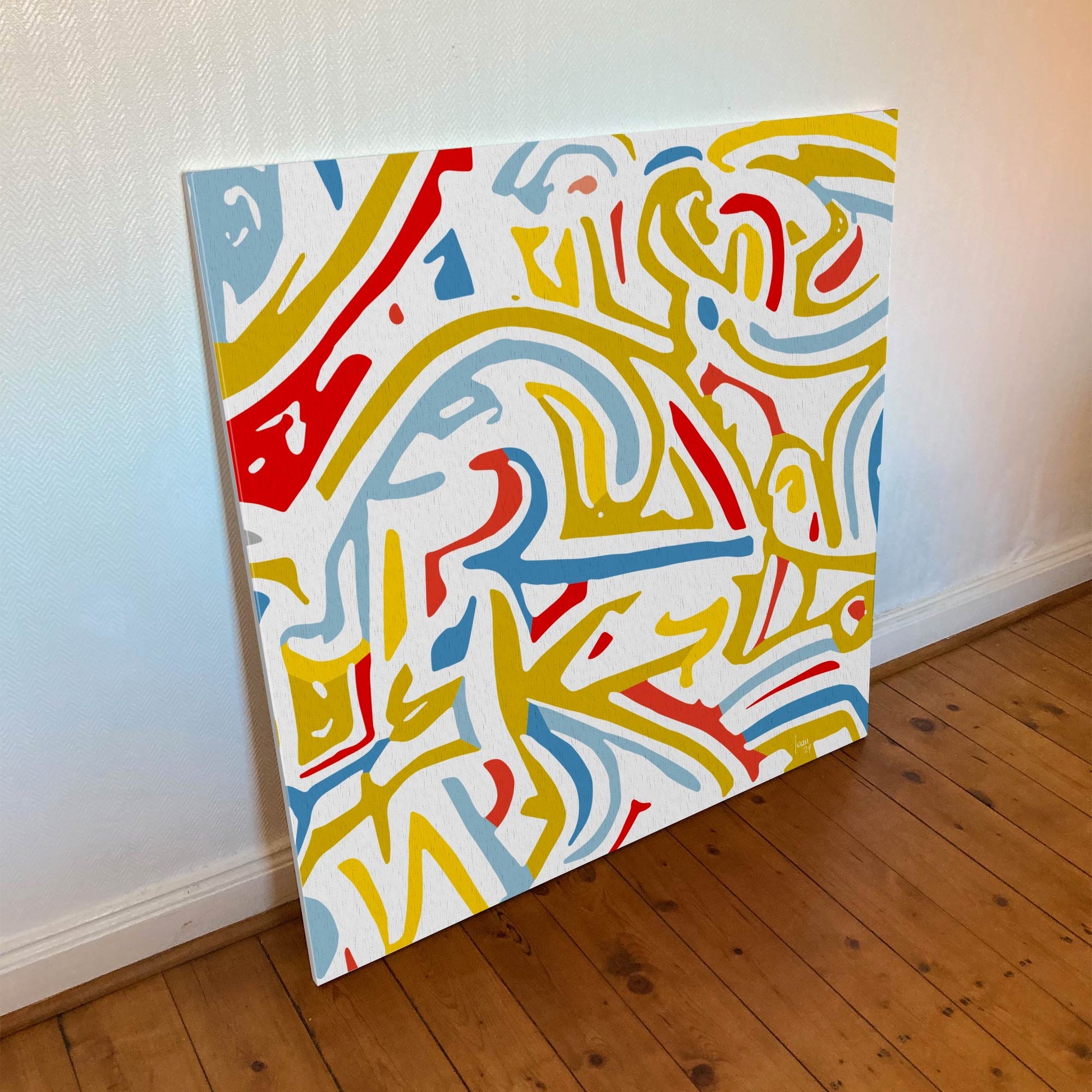 "Tourments" tirage d'art sur toile et châssis bois 100x100cm, support haut de gamme. Art contemporain abstrait et achat en ligne, volutes bleues, jaunes et rouges