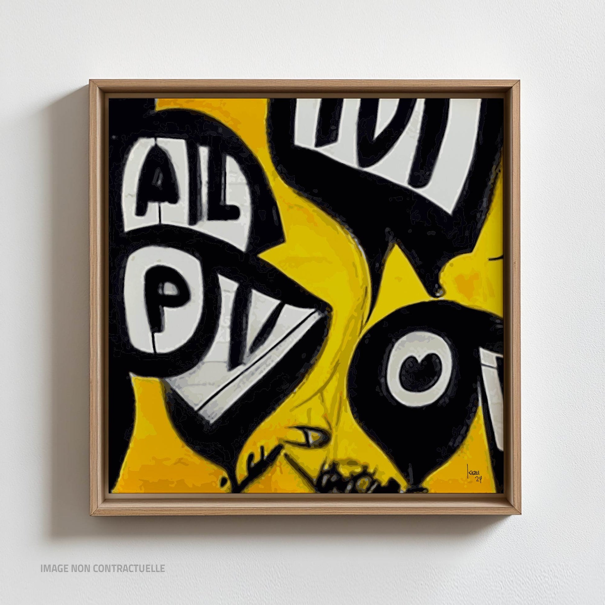 Mon oeuvre "Graffiti", tirage sur cadre flottant révélant un design de lettres abstraites colorées. Format 110x110cm