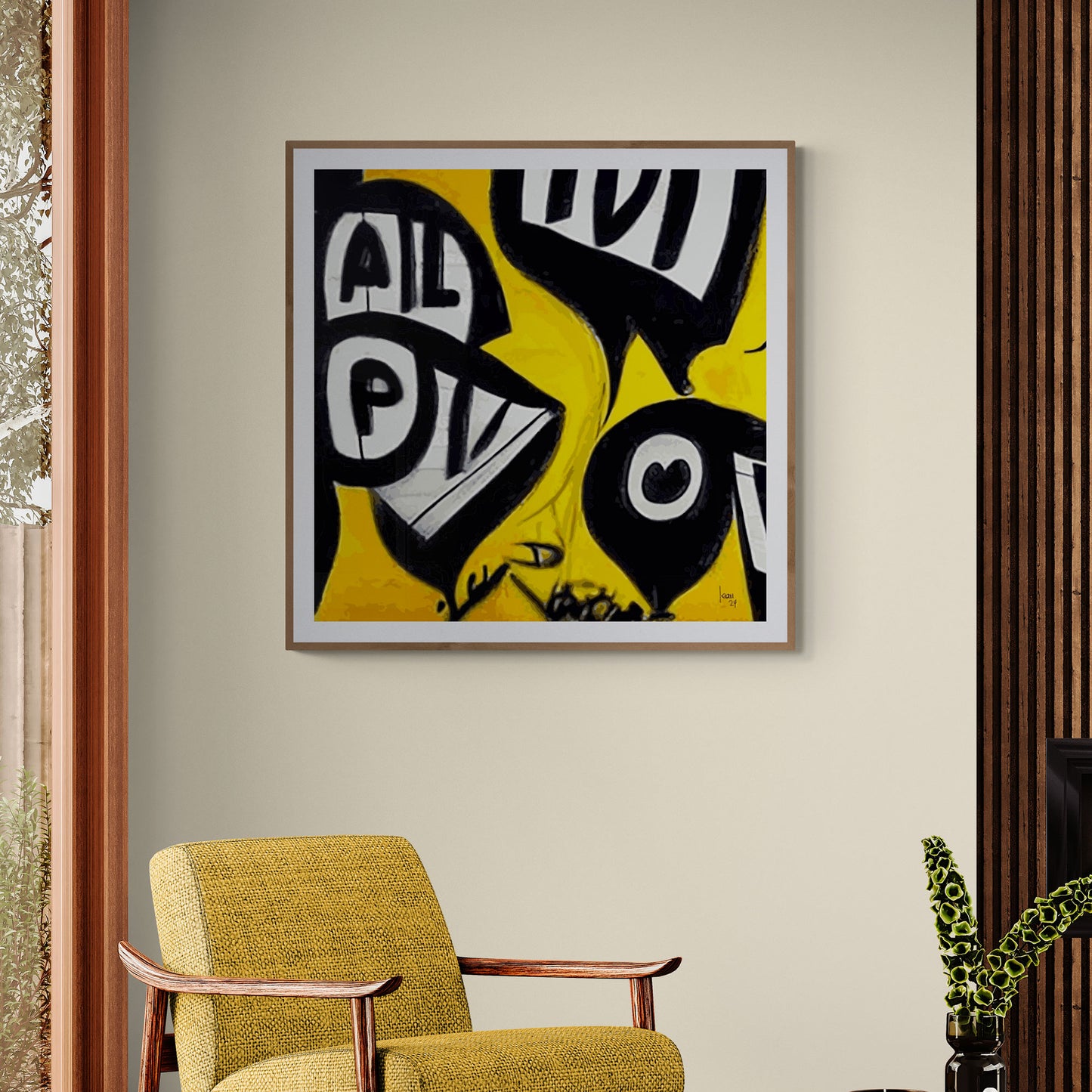 Mon oeuvre "Graffiti" encadrée, tableau urbain vibrant dans un intérieur moderne.