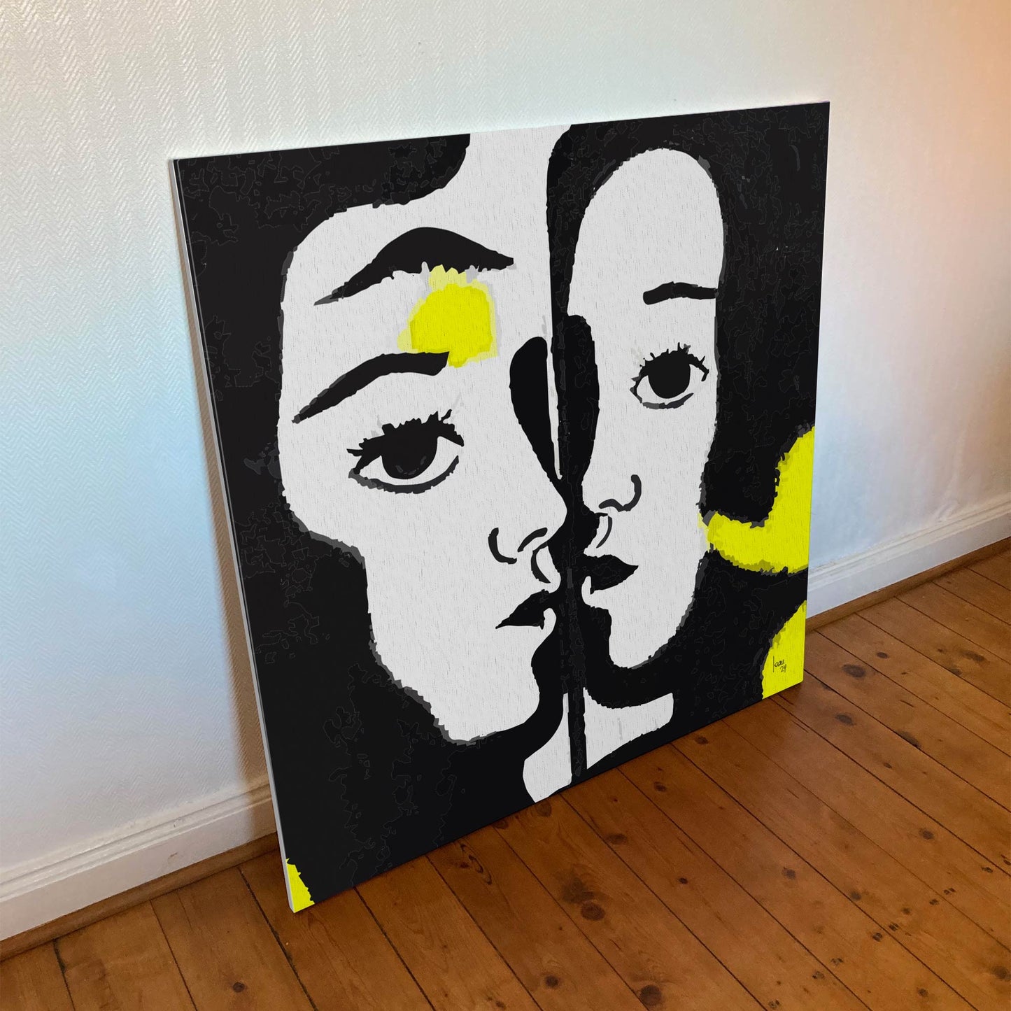 "Le Reflet" tirage d'art sur toile et châssis bois 100x100cm, qualité haut de gamme. Art contemporain abstrait et achat en ligne, un personnage féminin dans un miroir