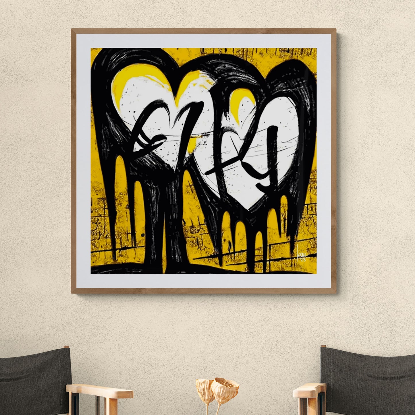 Mon tableau "Fusion" encadré, art moderne exposé dans un espace design.
