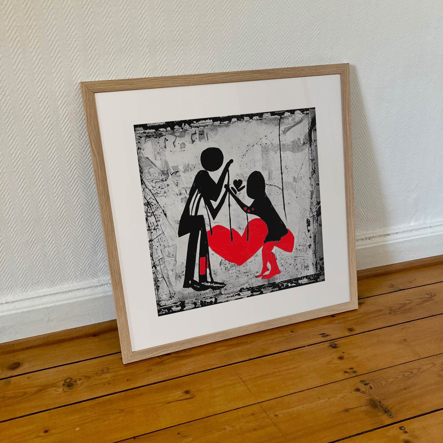 "Tissage" tirage d'art sous cadre 50x50cm, papiers haut de gamme. Art contemporain abstrait et achat en ligne, Deux personnages tissent un coeur rouge