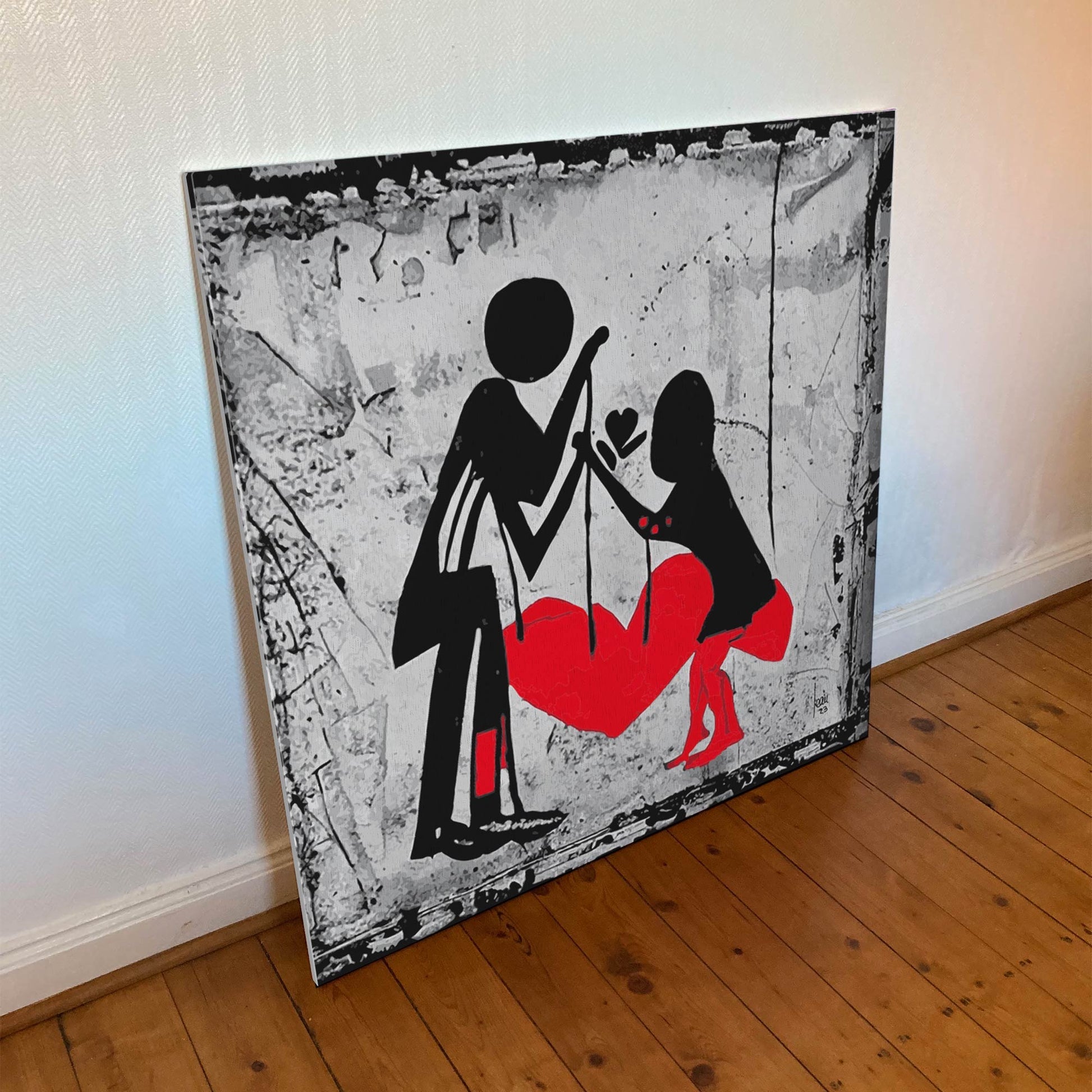 "Tissage" tirage d'art sur toile et châssis bois 100x100cm, supports haut de gamme. Art contemporain abstrait et achat en ligne, Deux personnages tissent un coeur rouge