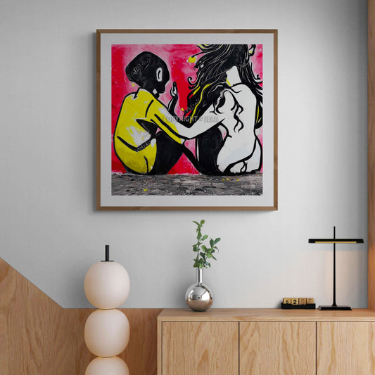 Décoration murale moderne tableau Initiation couleurs noir rose jaune dans un couloir