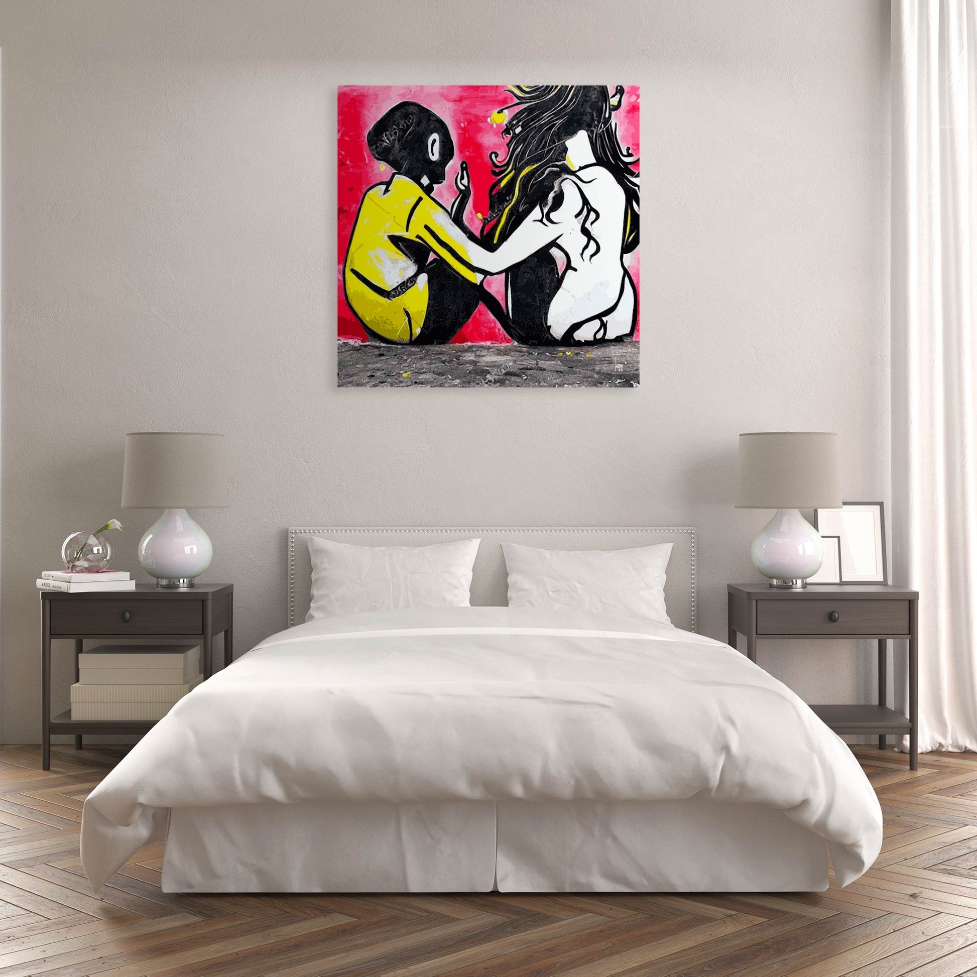 Décoration murale moderne tableau Initiation couleurs noir rose jaune dans une chambre