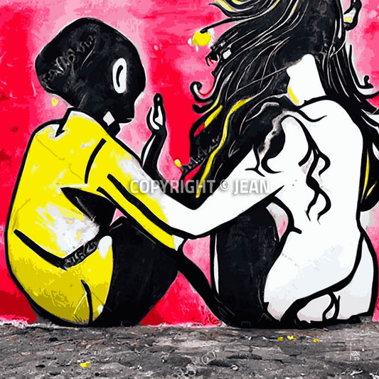 Tableau contemporain Initiation art abstrait moderne noir rose jaune