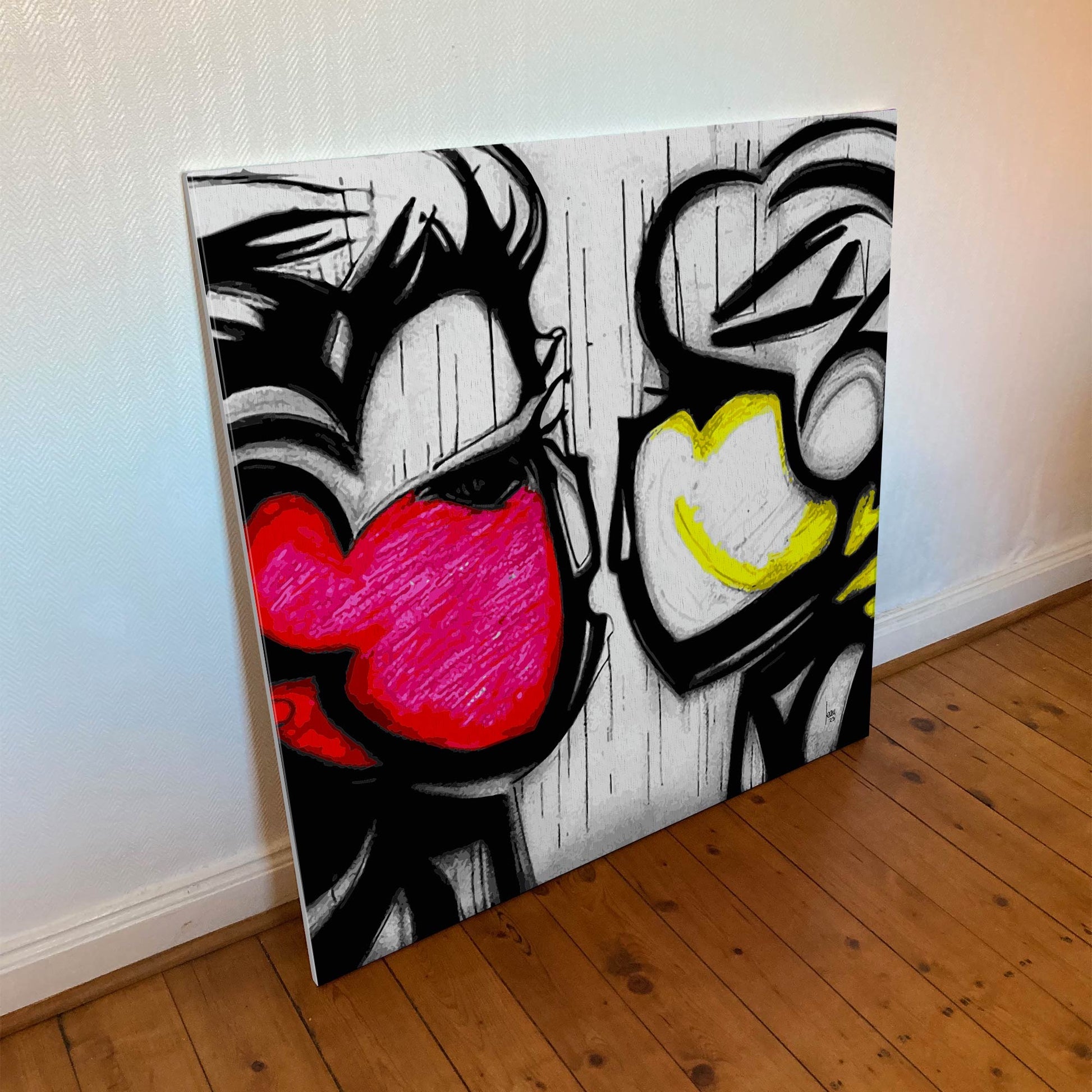 "Tête-à-Tête" tirage d'art sur toile et châssis bois 100x100cm, toiles haut de gamme. Art contemporain abstrait et achat en ligne, deux profils en trois couleurs