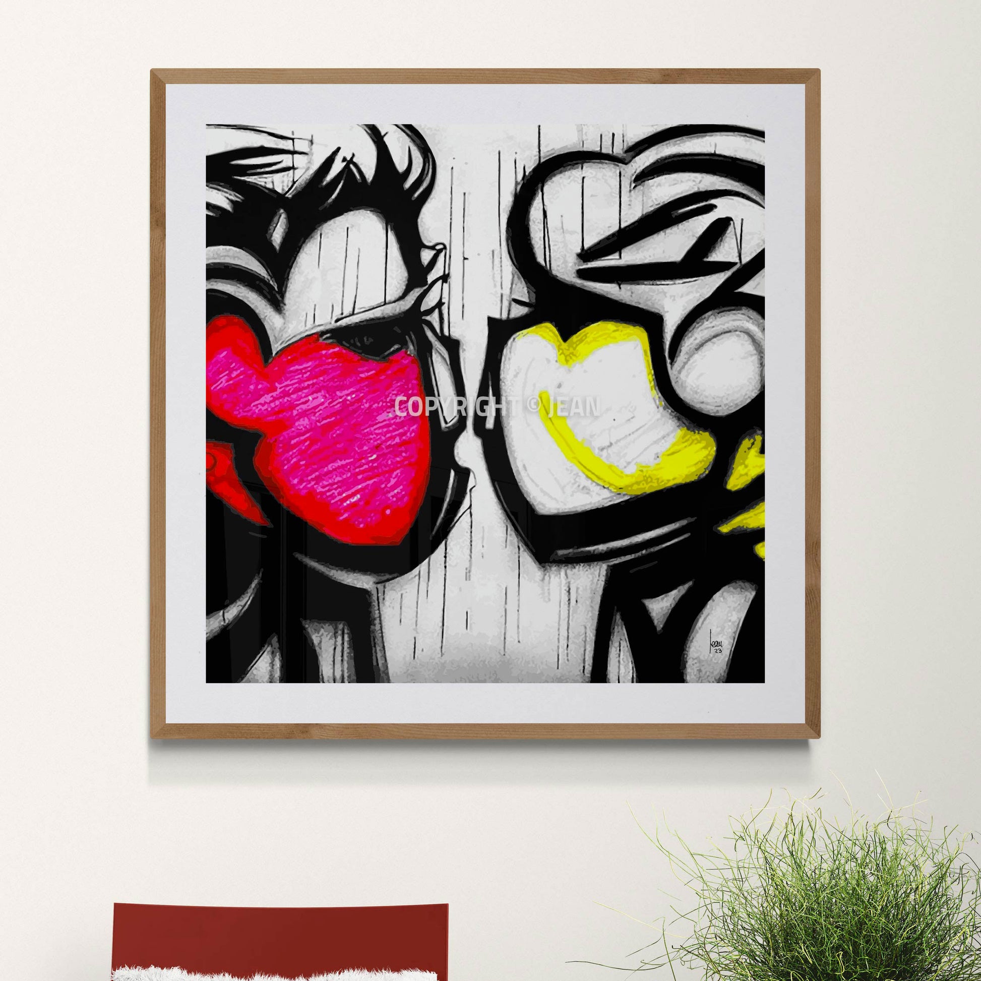 "Tête-à-Tête", art moderne encadré exposé dans un salon design.