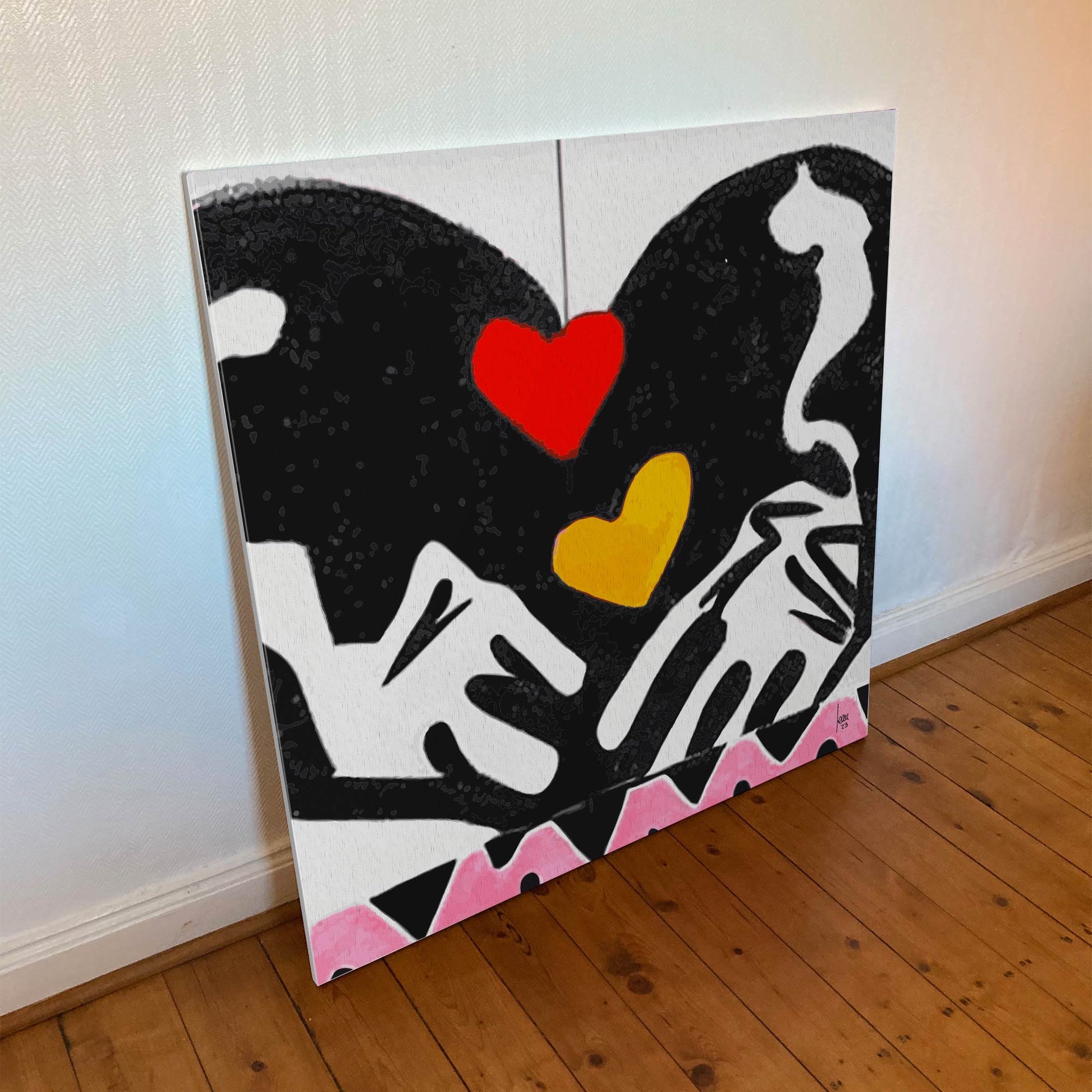 "Papillon" tirage d'art sur toile et châssis bois 100x100cm, qualité haut de gamme. Art contemporain abstrait et achat en ligne, des coeurs au centre d'un papillon en formation