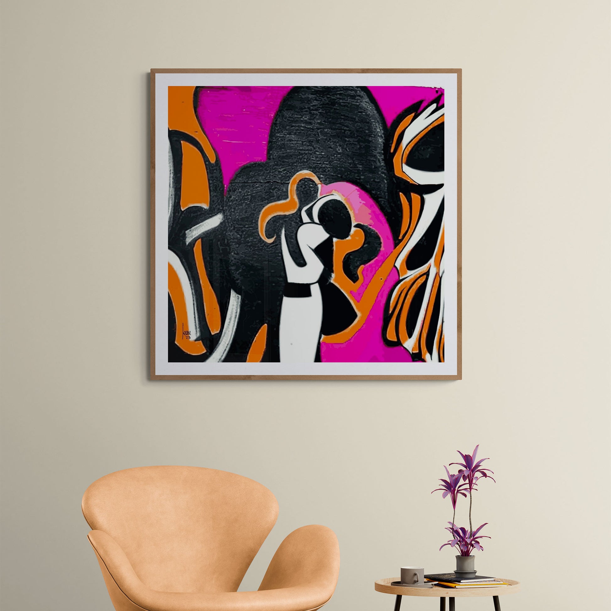 "Etreinte" tirage d'art contemporain, art abstrait, encadré format 100x100cm, dans un séjour
