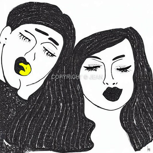 Œuvre contemporaine 'TRISTAN ET YSEULT' en noir et blanc avec touche de jaune, deux visages enlacés, style graphique minimaliste, amour et mélancolie, 2023